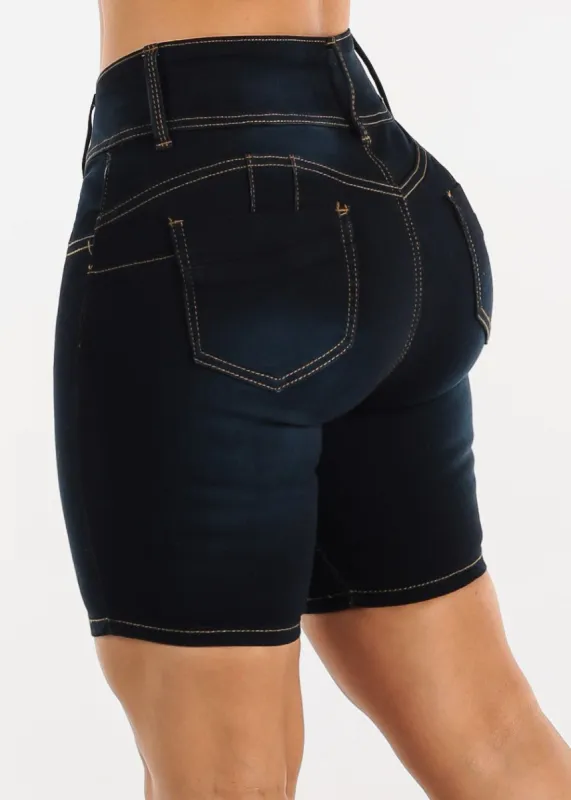 Mid Rise Butt Lifting Mid Thigh Denim Shorts Dark Wash sold by Moda