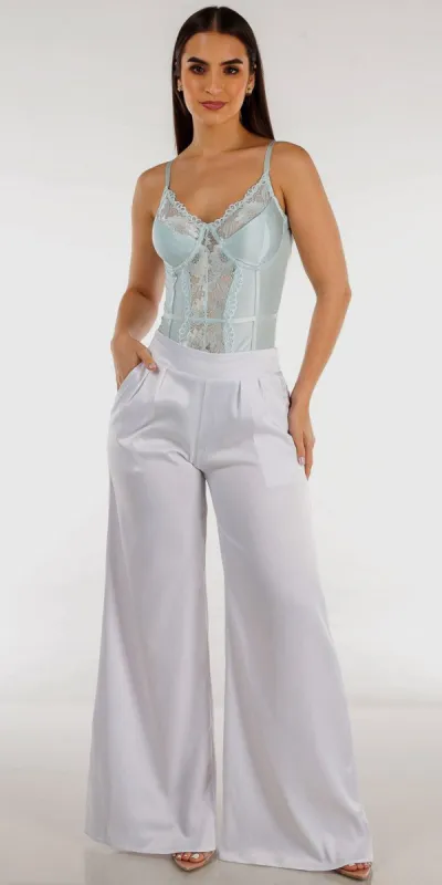 White Wide Legged Satin Pants with Sleeveless Mint Cami Bodysuit sold by Moda