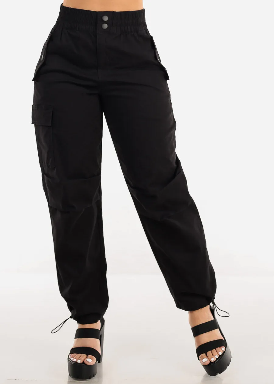 Black High Waist Knee Pleats Parachute Jogger Pants sold by Moda