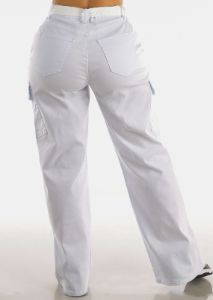 White High Waist Straight Wide Leg Cargo Pants with Belt sold by Moda