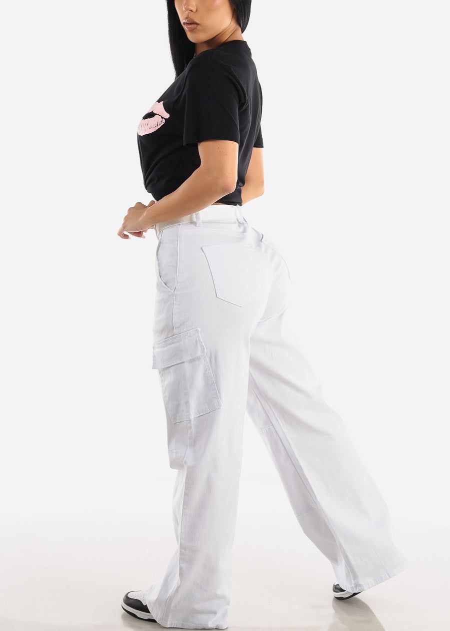 White High Waist Straight Wide Leg Cargo Pants with Belt sold by Moda product image thumbnail 3