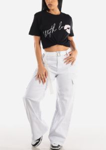 White High Waist Straight Wide Leg Cargo Pants with Belt sold by Moda