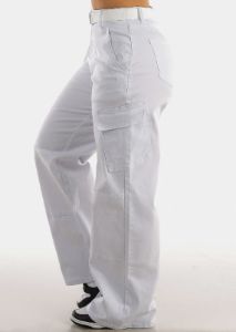 White High Waist Straight Wide Leg Cargo Pants with Belt sold by Moda