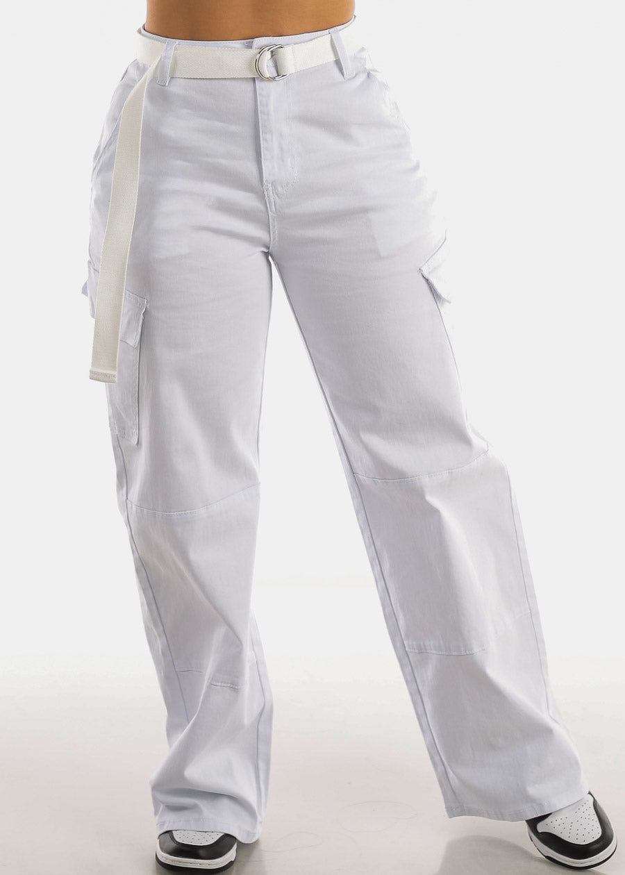 White High Waist Straight Wide Leg Cargo Pants with Belt sold by Moda