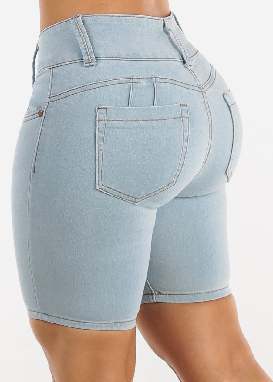Mid Rise Butt Lifting Mid Thigh Denim Shorts Light Blue sold by Moda