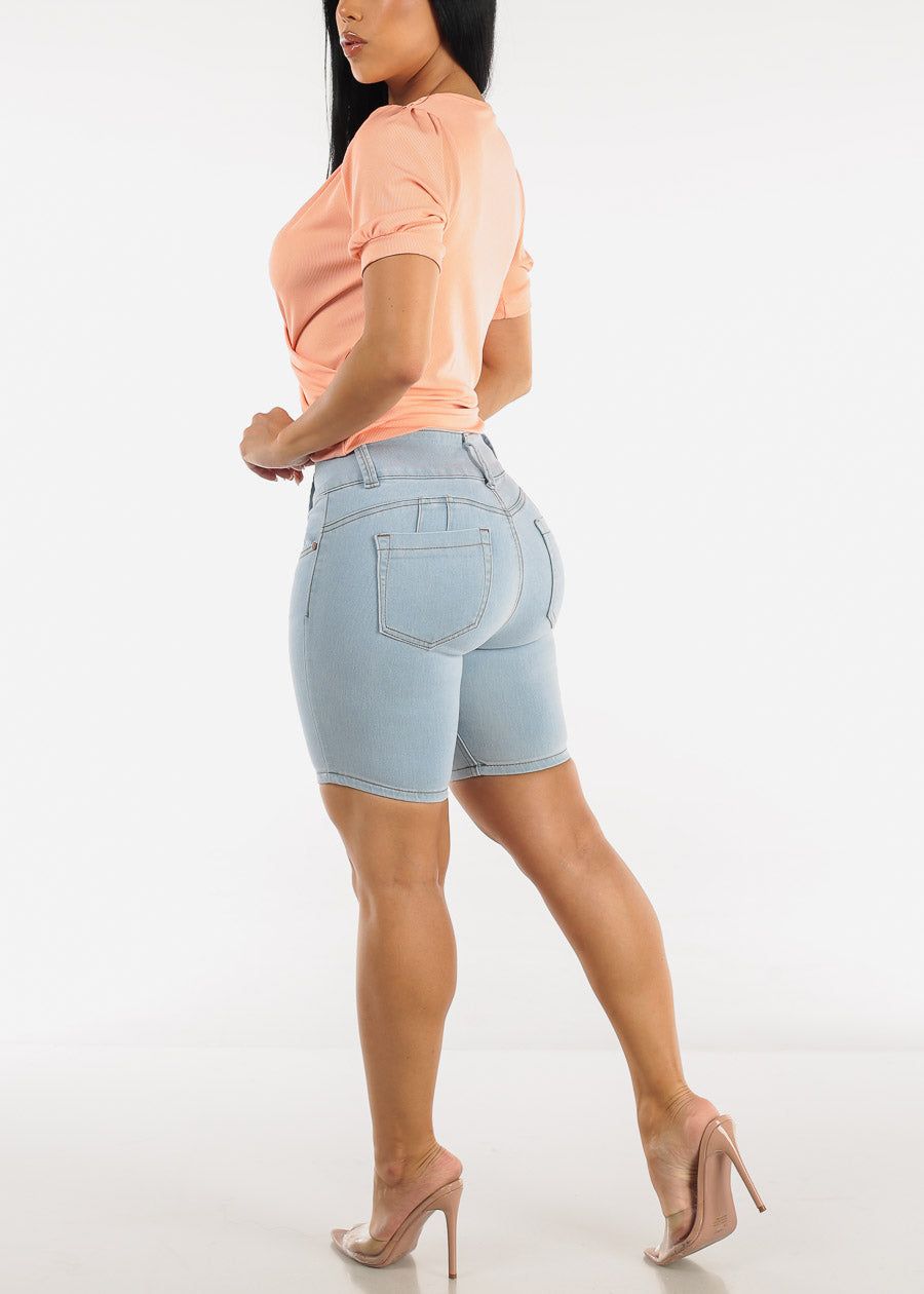 Mid Rise Butt Lifting Mid Thigh Denim Shorts Light Blue sold by Moda product image thumbnail 5