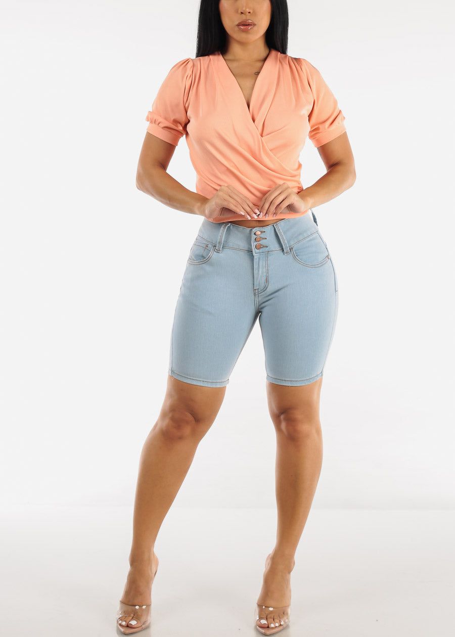 Mid Rise Butt Lifting Mid Thigh Denim Shorts Light Blue sold by Moda product image thumbnail 2