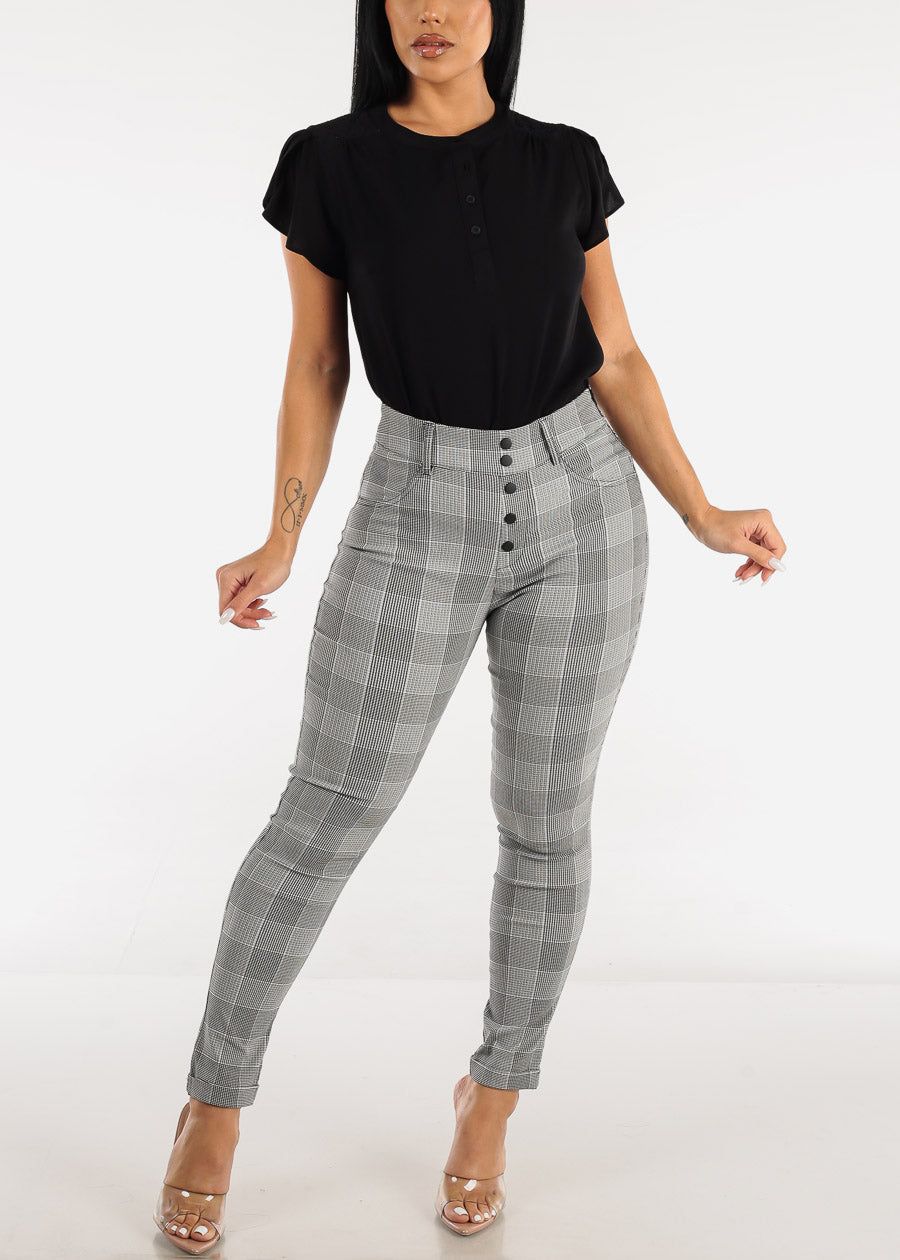 High Waisted Plaid Skinny Pants Black & White sold by Moda product image thumbnail 5