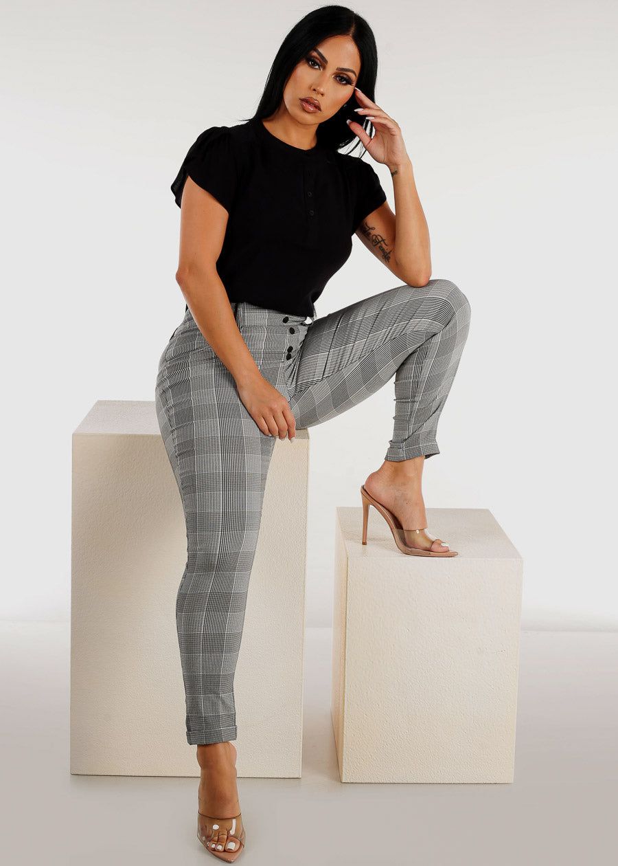 High Waisted Plaid Skinny Pants Black & White sold by Moda product image thumbnail 2