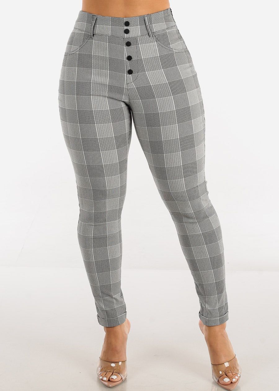 High Waisted Plaid Skinny Pants Black & White sold by Moda