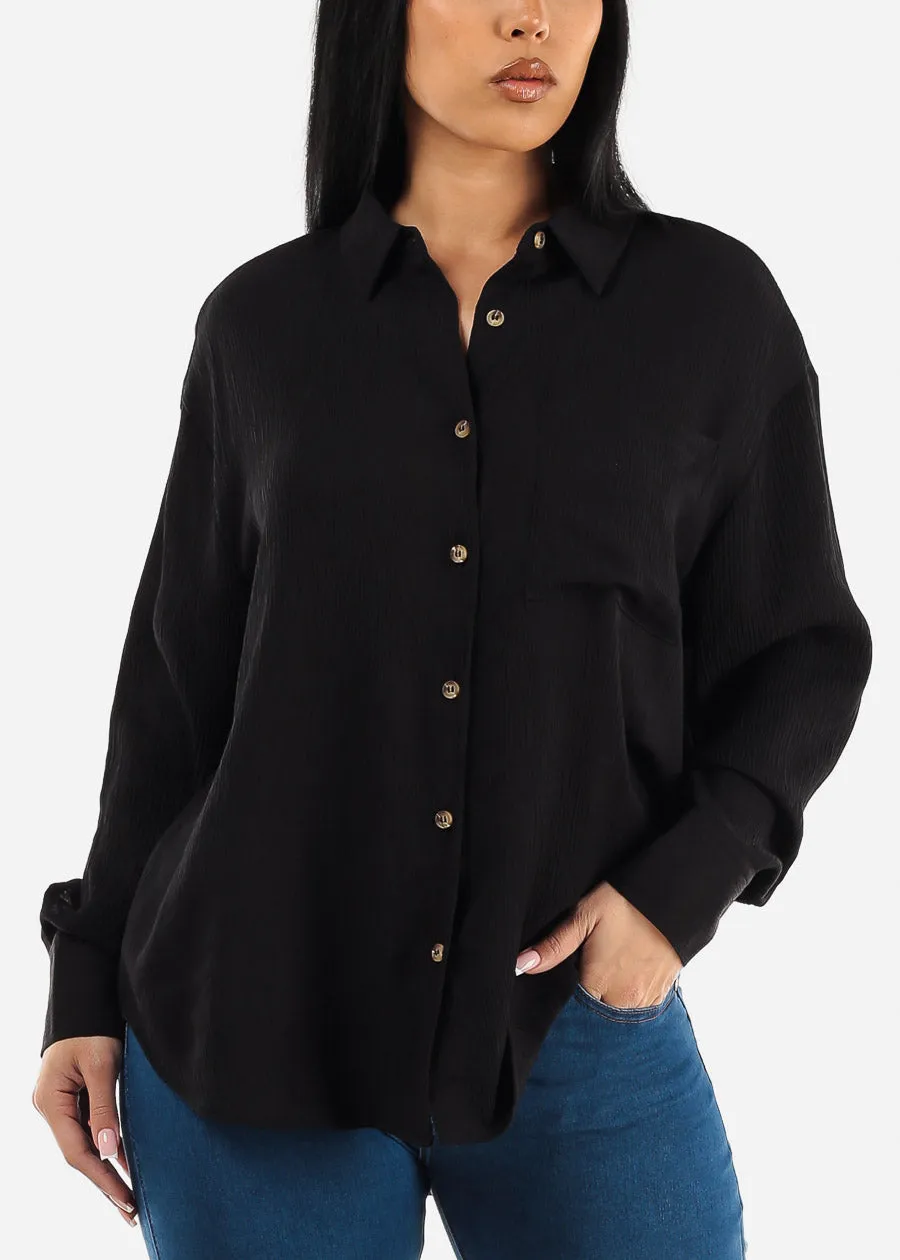 Black Long Sleeve Textured Button Down Shirt sold by Moda