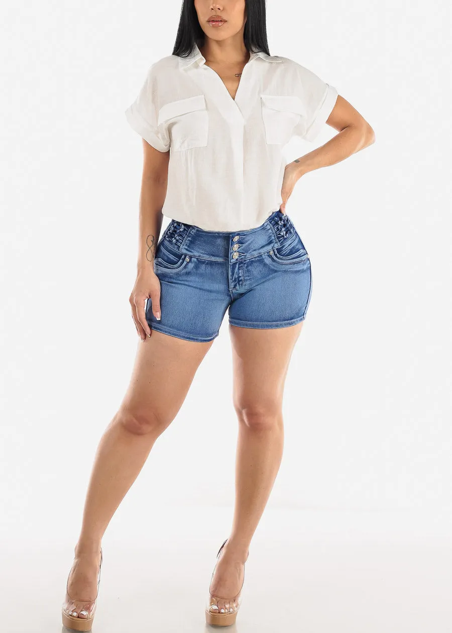 White Short Sleeve Round Hem Collared Blouse w Pockets sold by Moda product image thumbnail 2