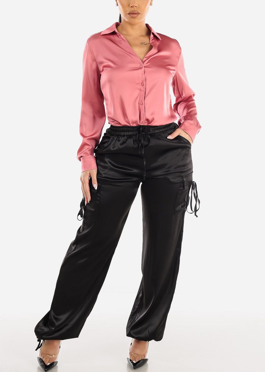 Black High Waist Satin Cargo Pants sold by Moda product image thumbnail 2