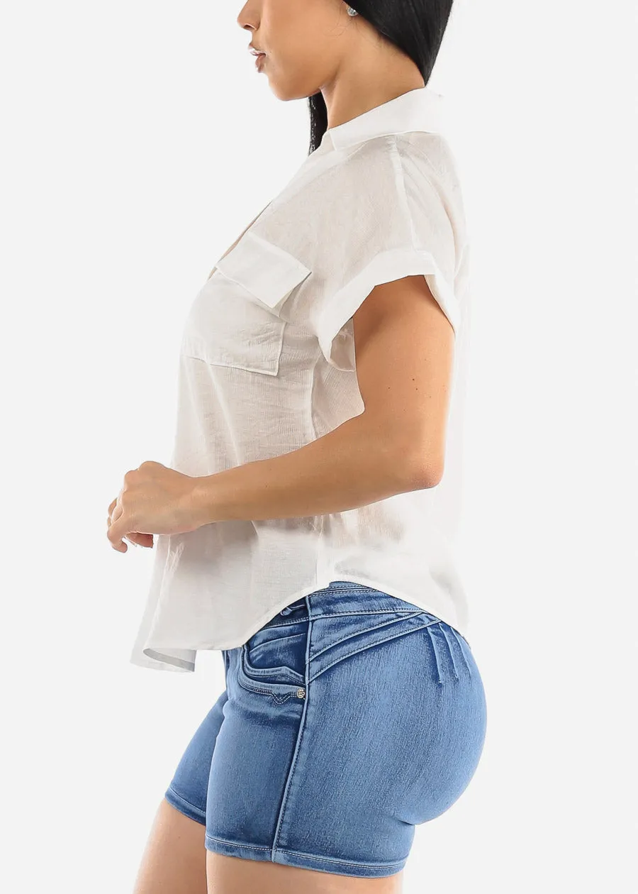 White Short Sleeve Round Hem Collared Blouse w Pockets sold by Moda product image thumbnail 3