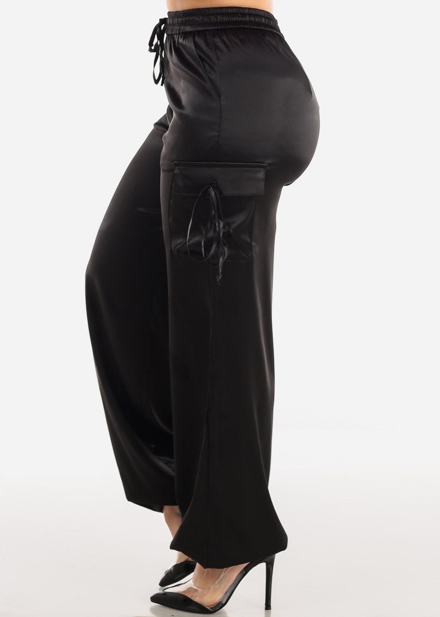 Black High Waist Satin Cargo Pants sold by Moda product image thumbnail 3