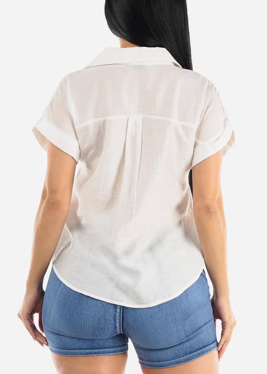 White Short Sleeve Round Hem Collared Blouse w Pockets sold by Moda product image thumbnail 4