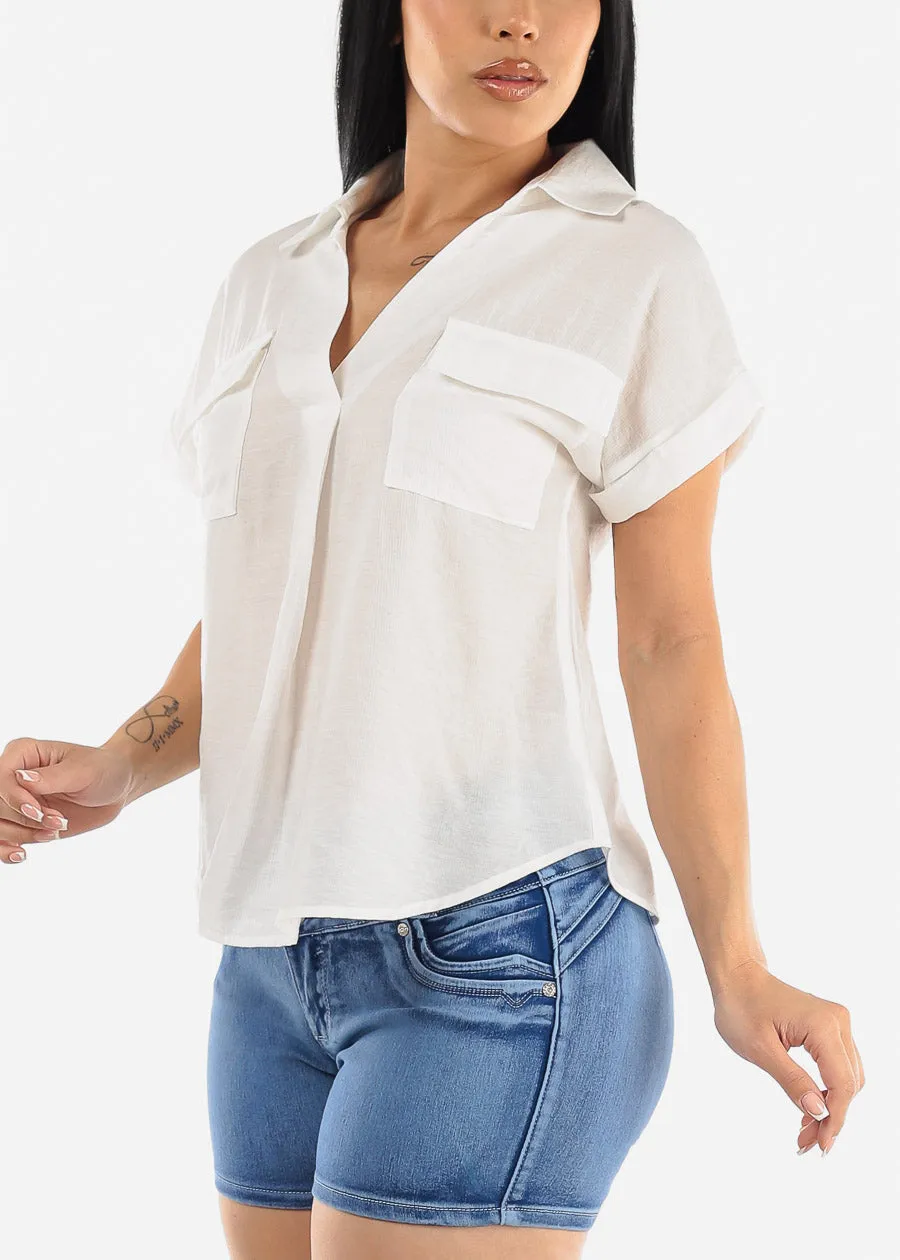 White Short Sleeve Round Hem Collared Blouse w Pockets sold by Moda