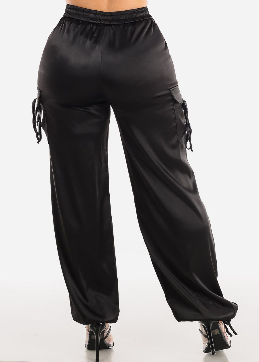 Black High Waist Satin Cargo Pants sold by Moda product image thumbnail 4