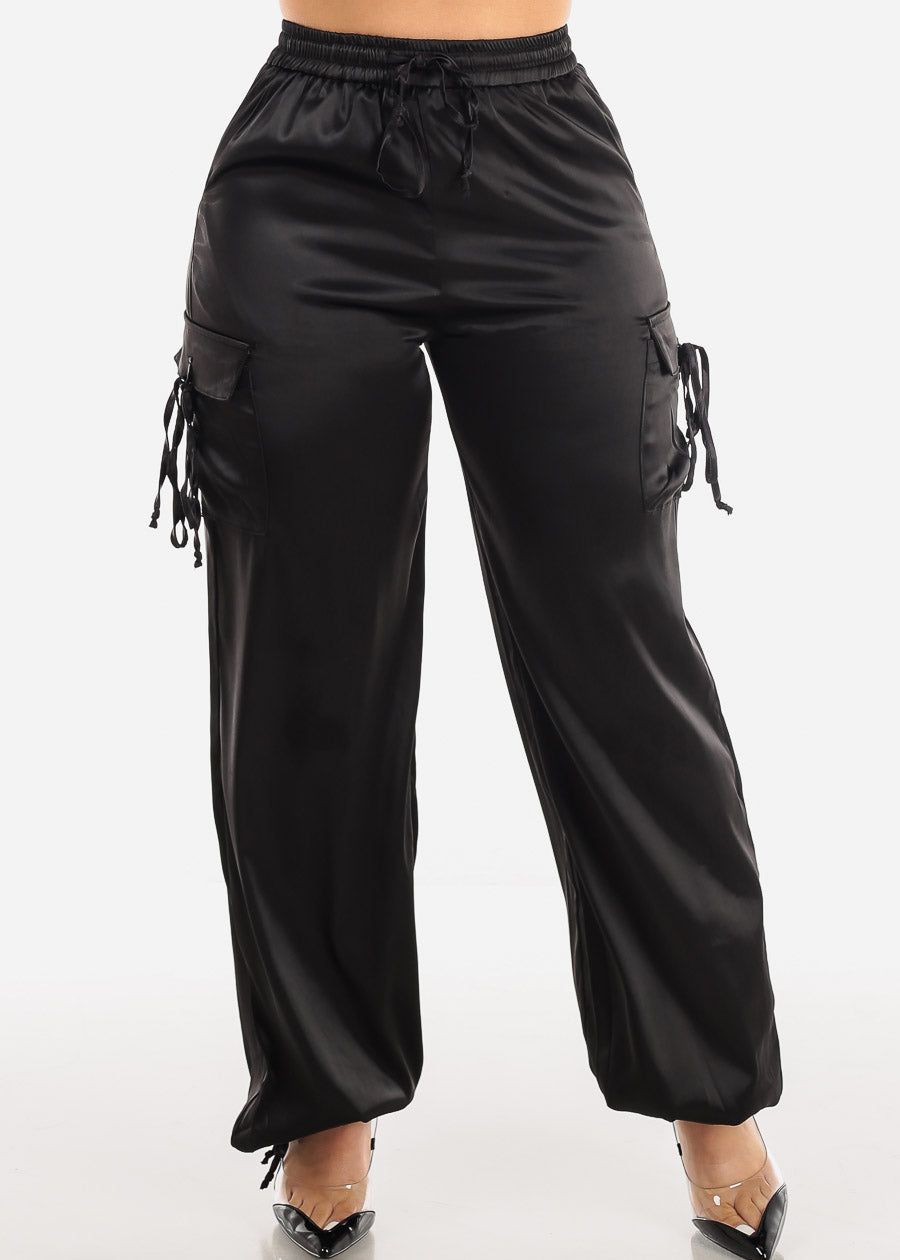 Black High Waist Satin Cargo Pants sold by Moda
