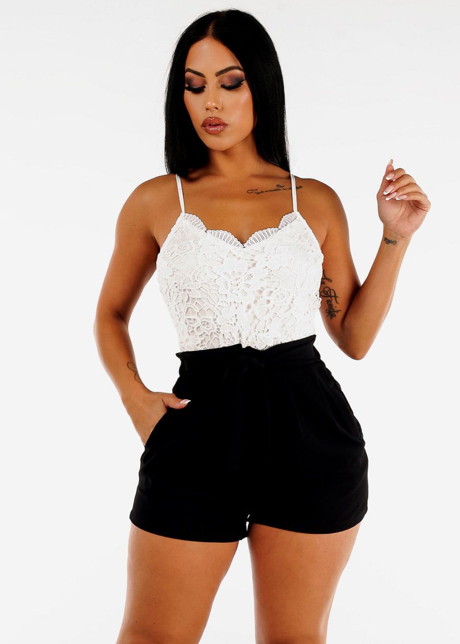 Floral Lace Vneck Cami Romper Black w Pockets sold by Moda