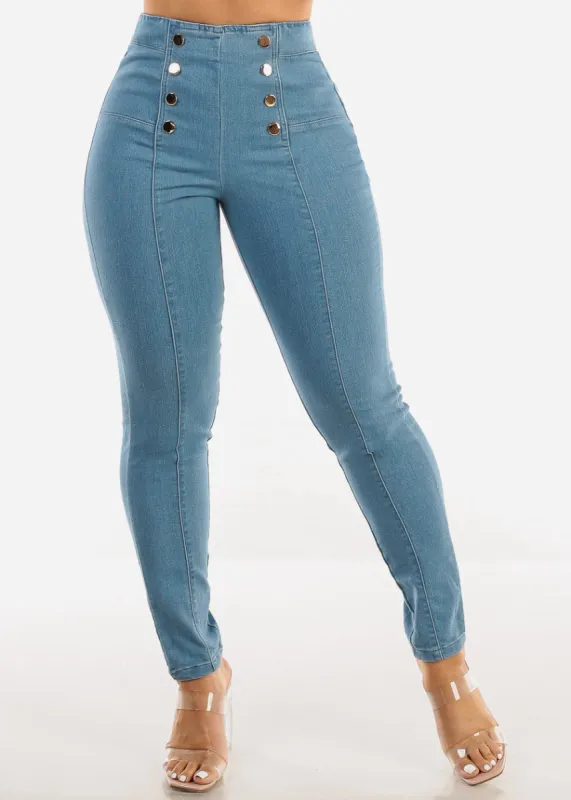 Super High Waist Denim Stretch Skinny Pants Med Blue sold by Moda