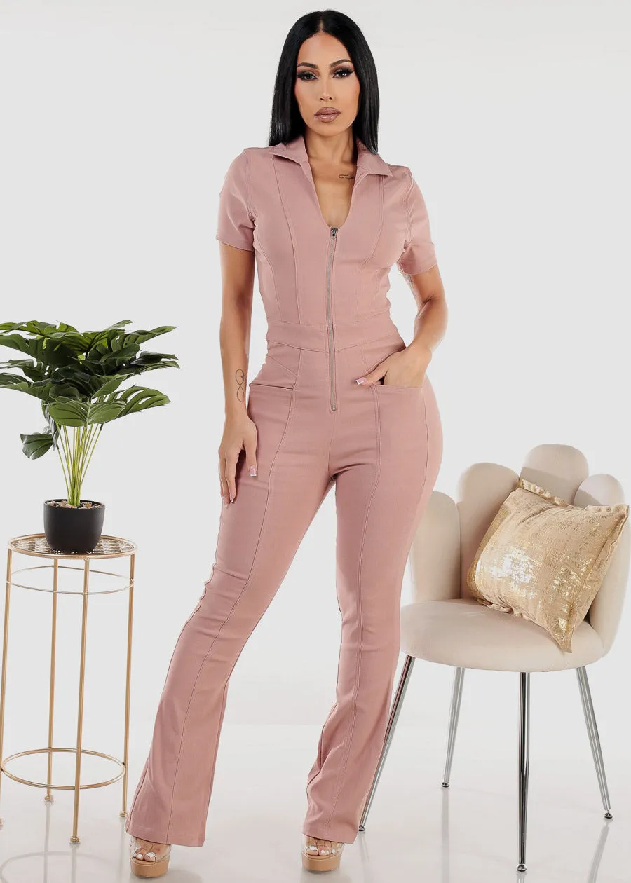 Short Sleeve Zip Up Flared Bootcut Jumpsuit Blush sold by Moda