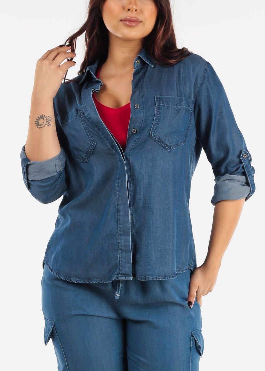 Dark Wash Button Up Shirt w Back Slit sold by Moda