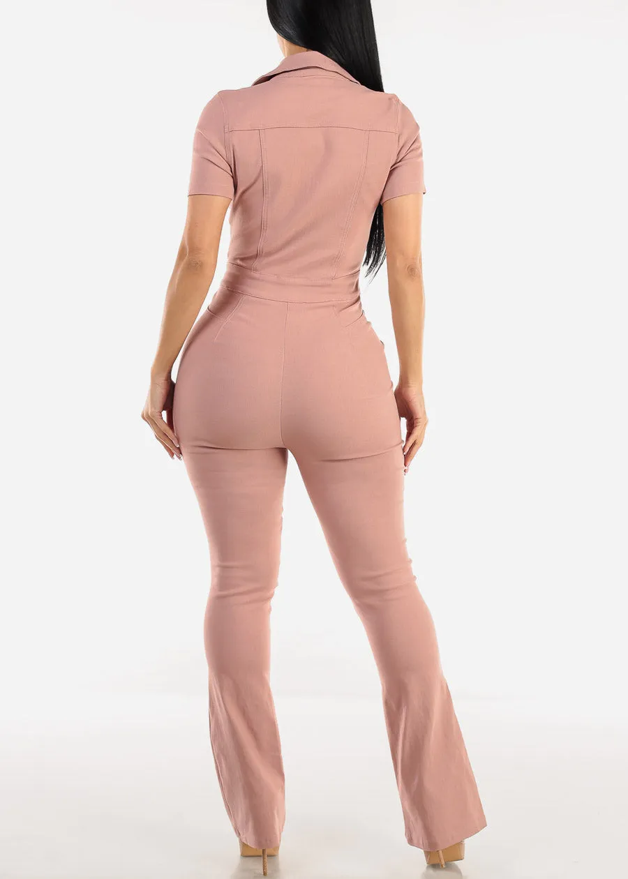 Short Sleeve Zip Up Flared Bootcut Jumpsuit Blush sold by Moda product image thumbnail 3