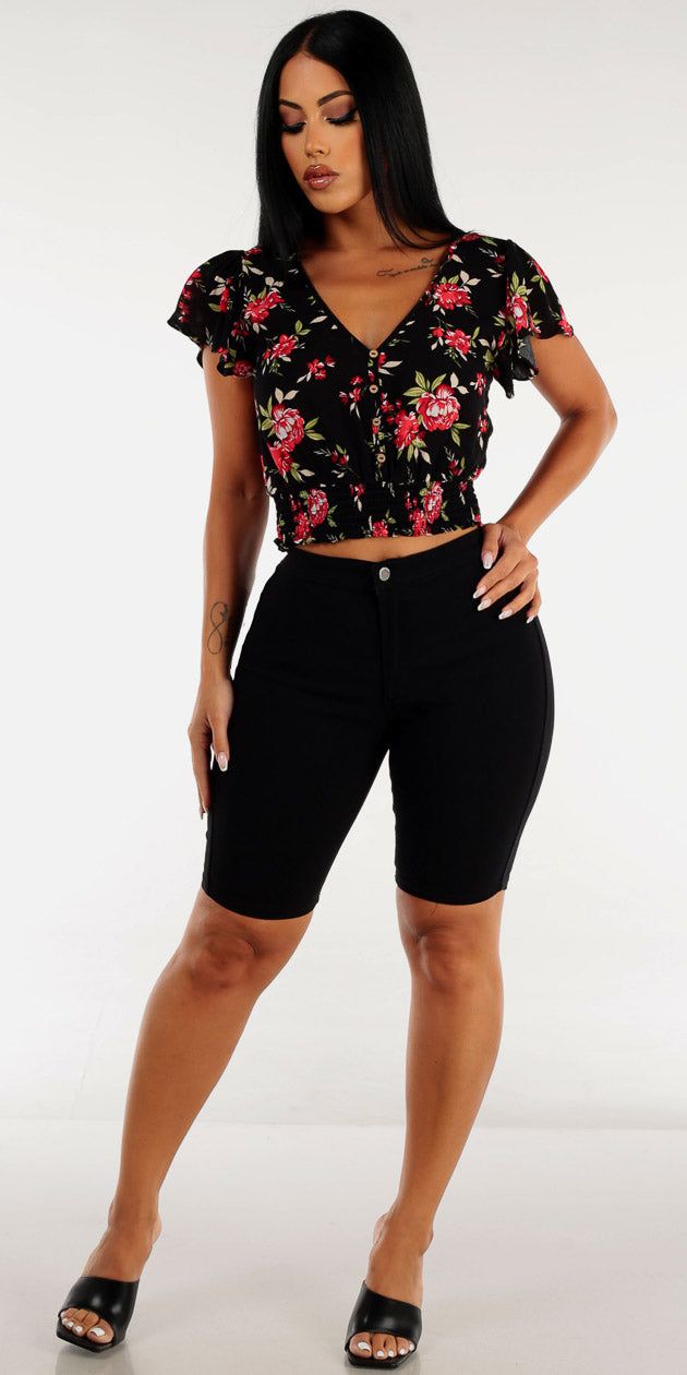Hyper Stretch Black Bermuda Shorts with Short Sleeve Floral Vneck Crop Top sold by Moda