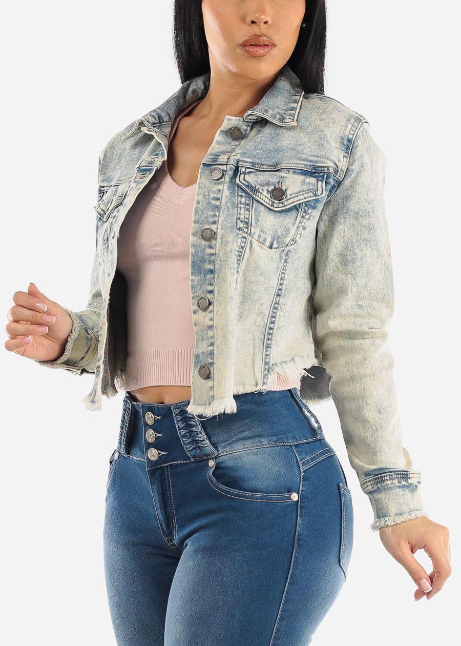 Denim Acid Wash Ripped Hem Jacket sold by Moda