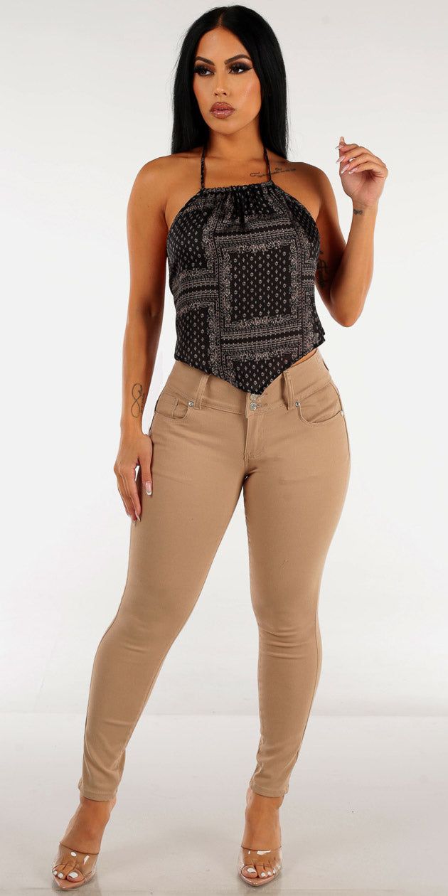 Butt Lifting Mid Rise Khaki Skinny Jeans with Black Printed Halter Crop Top sold by Moda