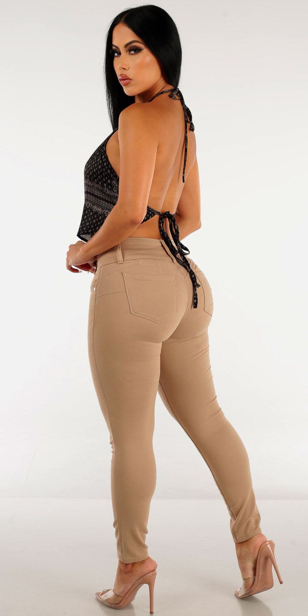 Butt Lifting Mid Rise Khaki Skinny Jeans with Black Printed Halter Crop Top sold by Moda product image thumbnail 2