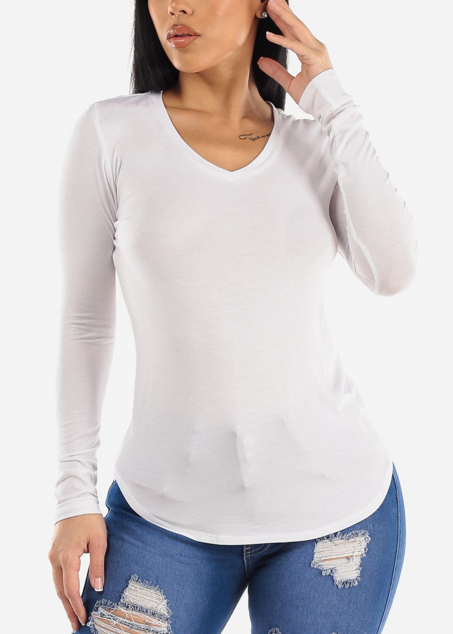 White Long Sleeve Round Hem Vneck Top sold by Moda