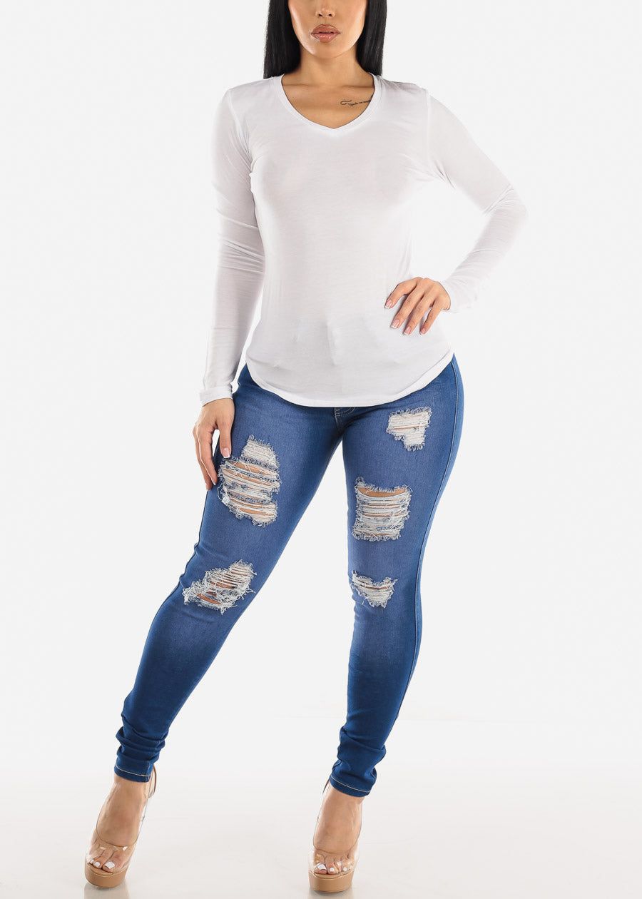 White Long Sleeve Round Hem Vneck Top sold by Moda product image thumbnail 2