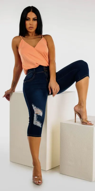 Super High Rise Butt Lift Denim Capris with Sleeveless Surplice Top sold by Moda