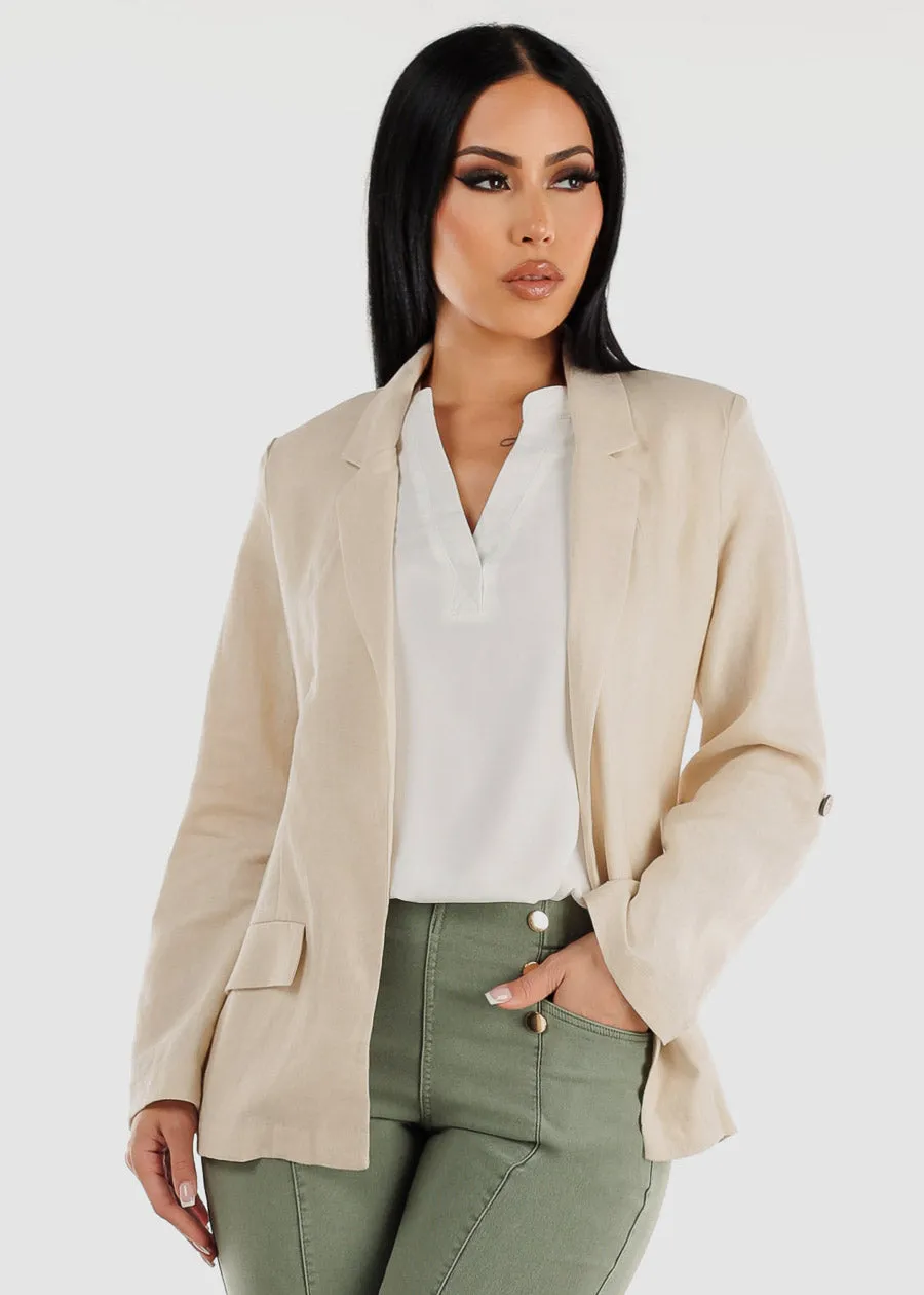 Linen Long Sleeve Open Front Natural Blazer sold by Moda
