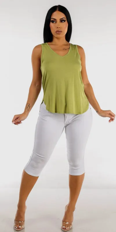 White Levantacola Denim Capris with Vneck Light Green Tank Top made by Moda