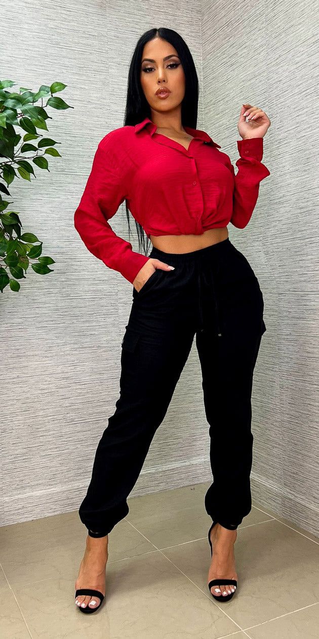 High Rise Linen Cargo Jogger Pants with Red Long Sleeve Button Up Shirt sold by Moda