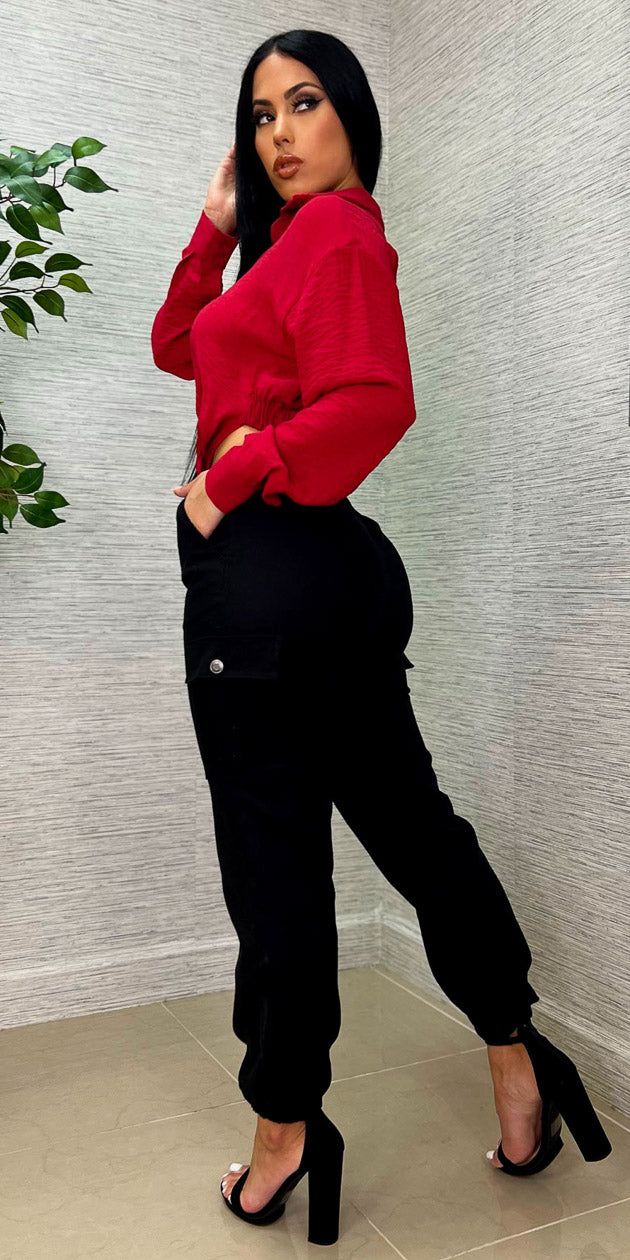 High Rise Linen Cargo Jogger Pants with Red Long Sleeve Button Up Shirt sold by Moda product image thumbnail 2