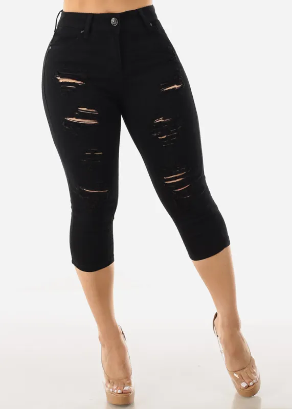 High Waisted Black Ripped Denim Capris sold by Moda