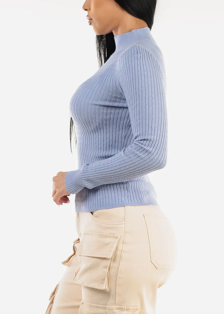 Long Sleeve Mock Neck Ribbed Sweater Light Blue sold by Moda product image thumbnail 3