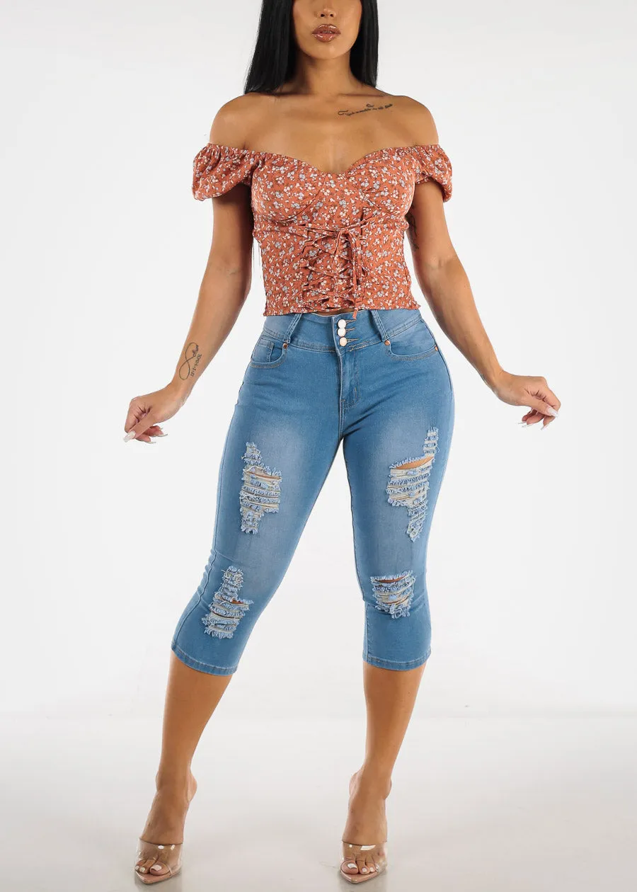 High Waist Butt Lifting Ripped Light Denim Capris sold by Moda product image thumbnail 4