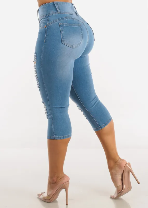 High Waist Butt Lifting Ripped Light Denim Capris sold by Moda