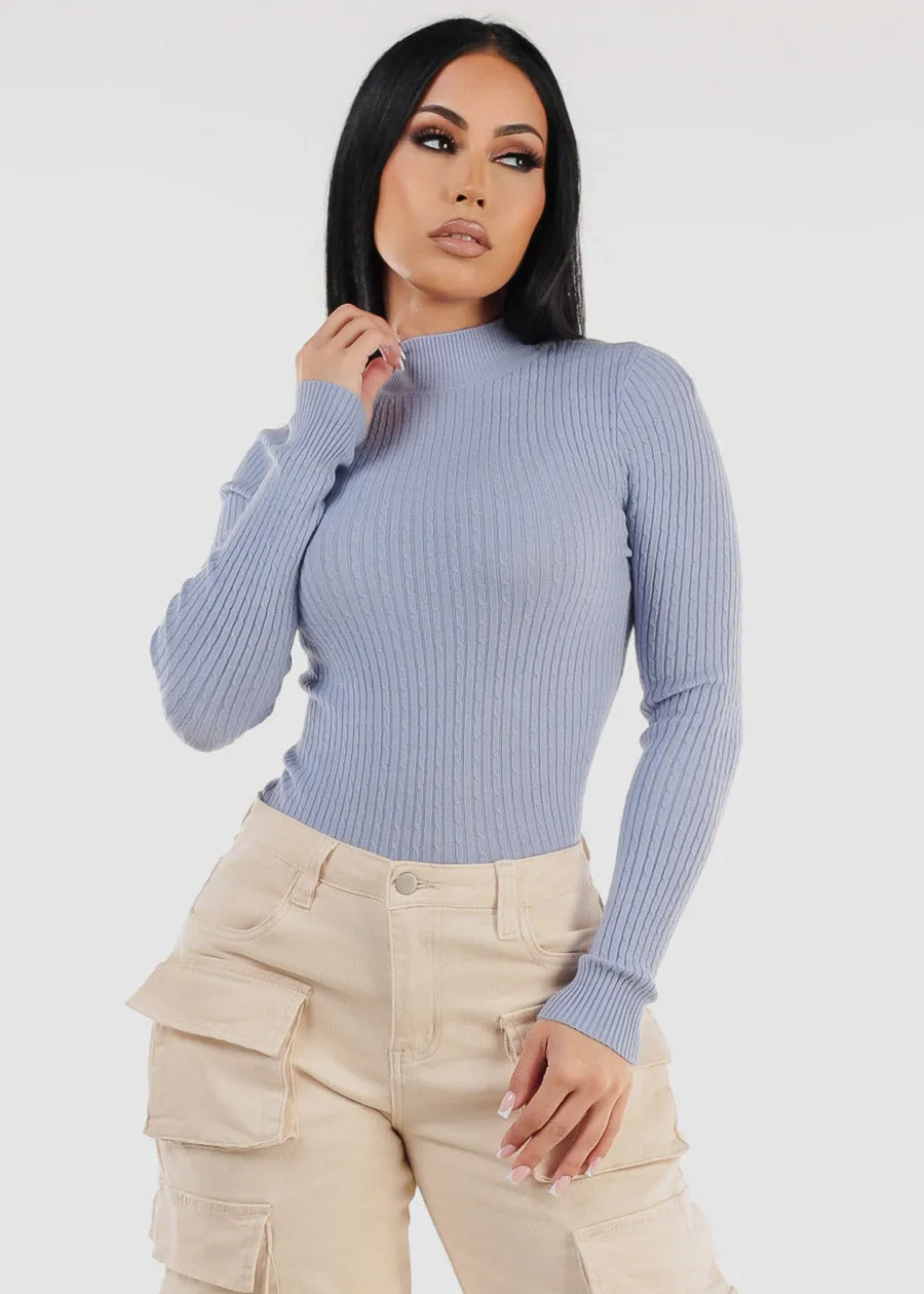 Long Sleeve Mock Neck Ribbed Sweater Light Blue sold by Moda