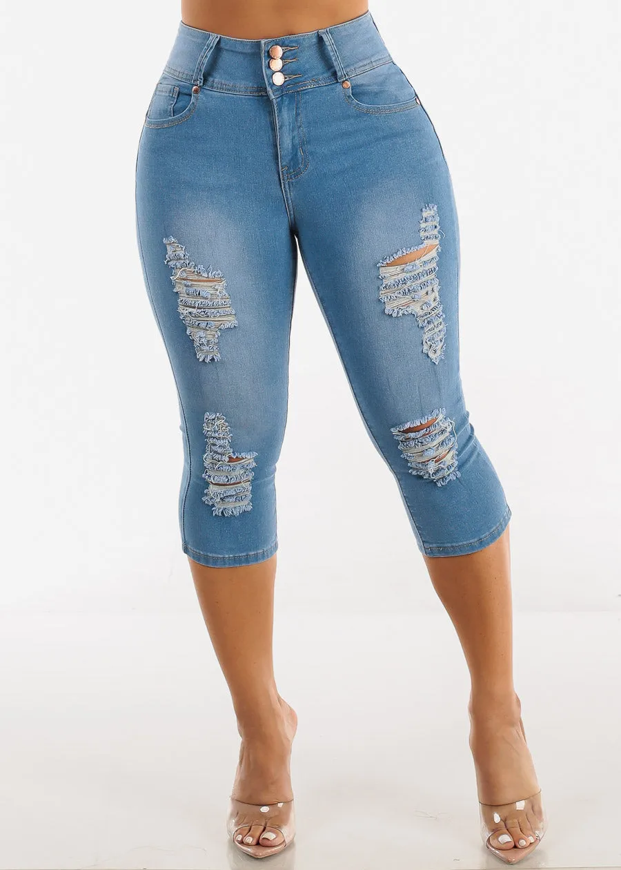 High Waist Butt Lifting Ripped Light Denim Capris sold by Moda product image thumbnail 5