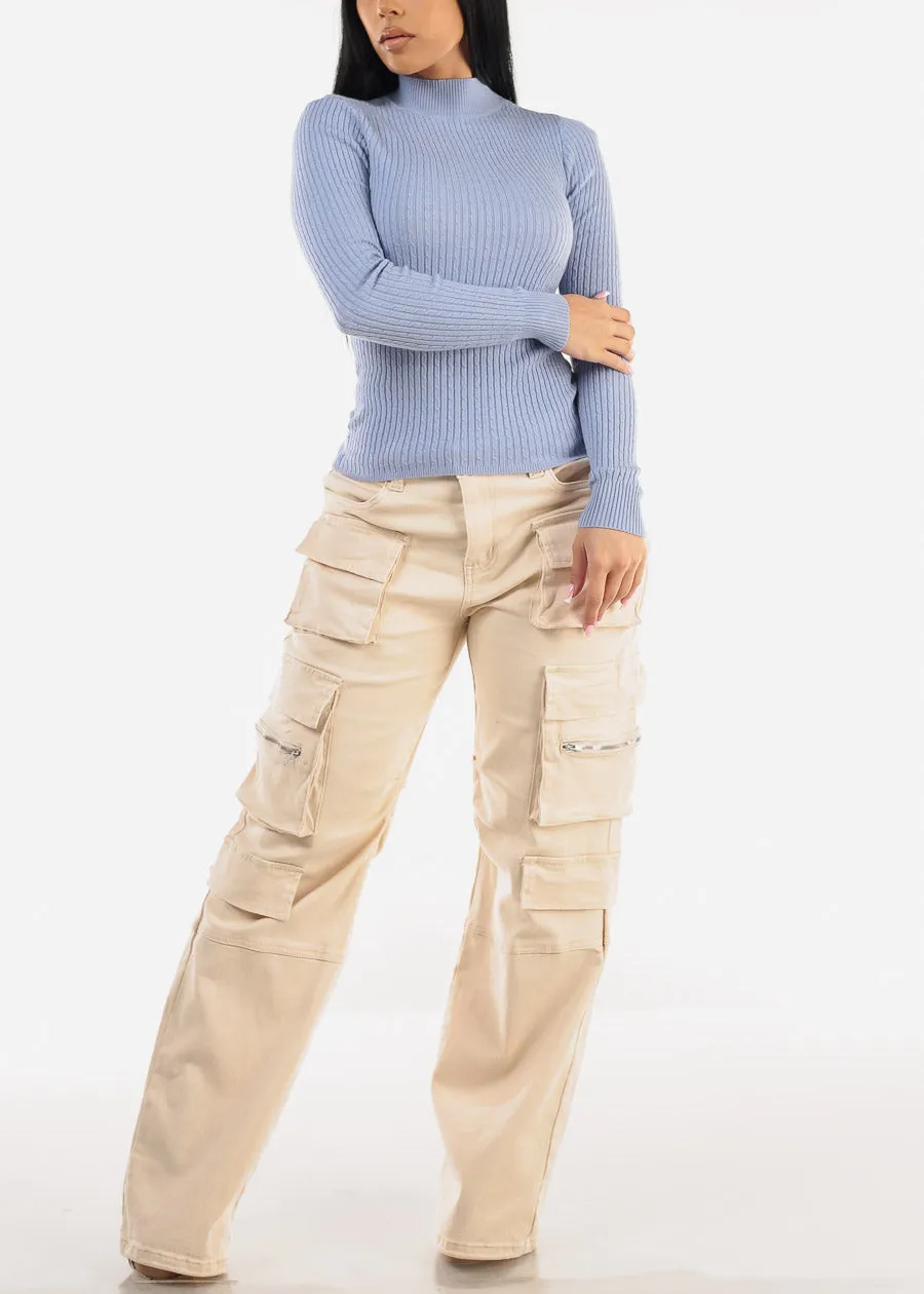 Long Sleeve Mock Neck Ribbed Sweater Light Blue sold by Moda product image thumbnail 2