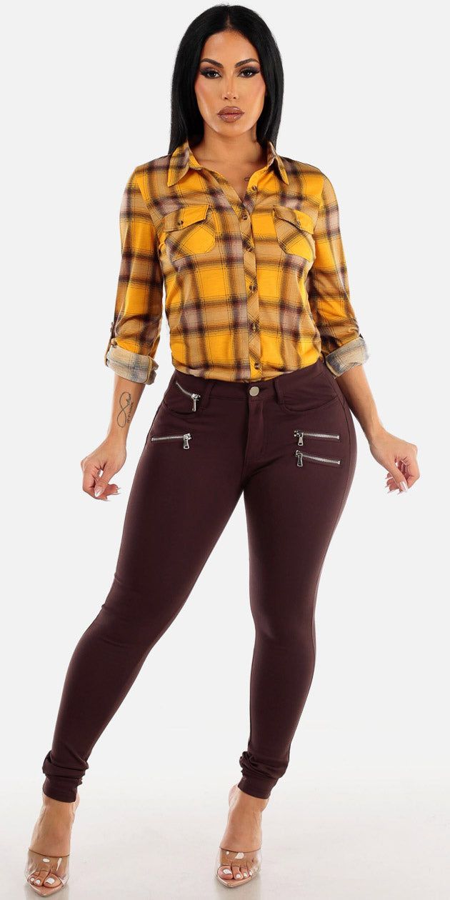 Mid Rise Brown Skinny Pants with Mustard Long Sleeve Button Up Plaid Shirt sold by Moda