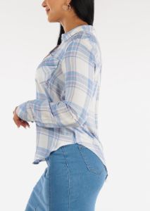 Relaxed Button Up Plaid Shirt Light Blue sold by Moda