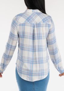 Relaxed Button Up Plaid Shirt Light Blue sold by Moda