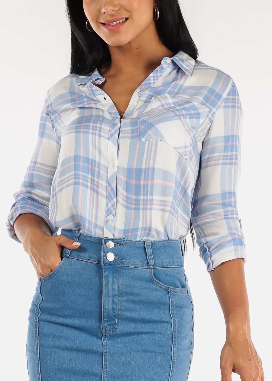 Relaxed Button Up Plaid Shirt Light Blue sold by Moda
